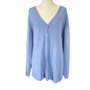Kathie Lee cool blue long sleeve v-neck floral embroidered sweater with sequin